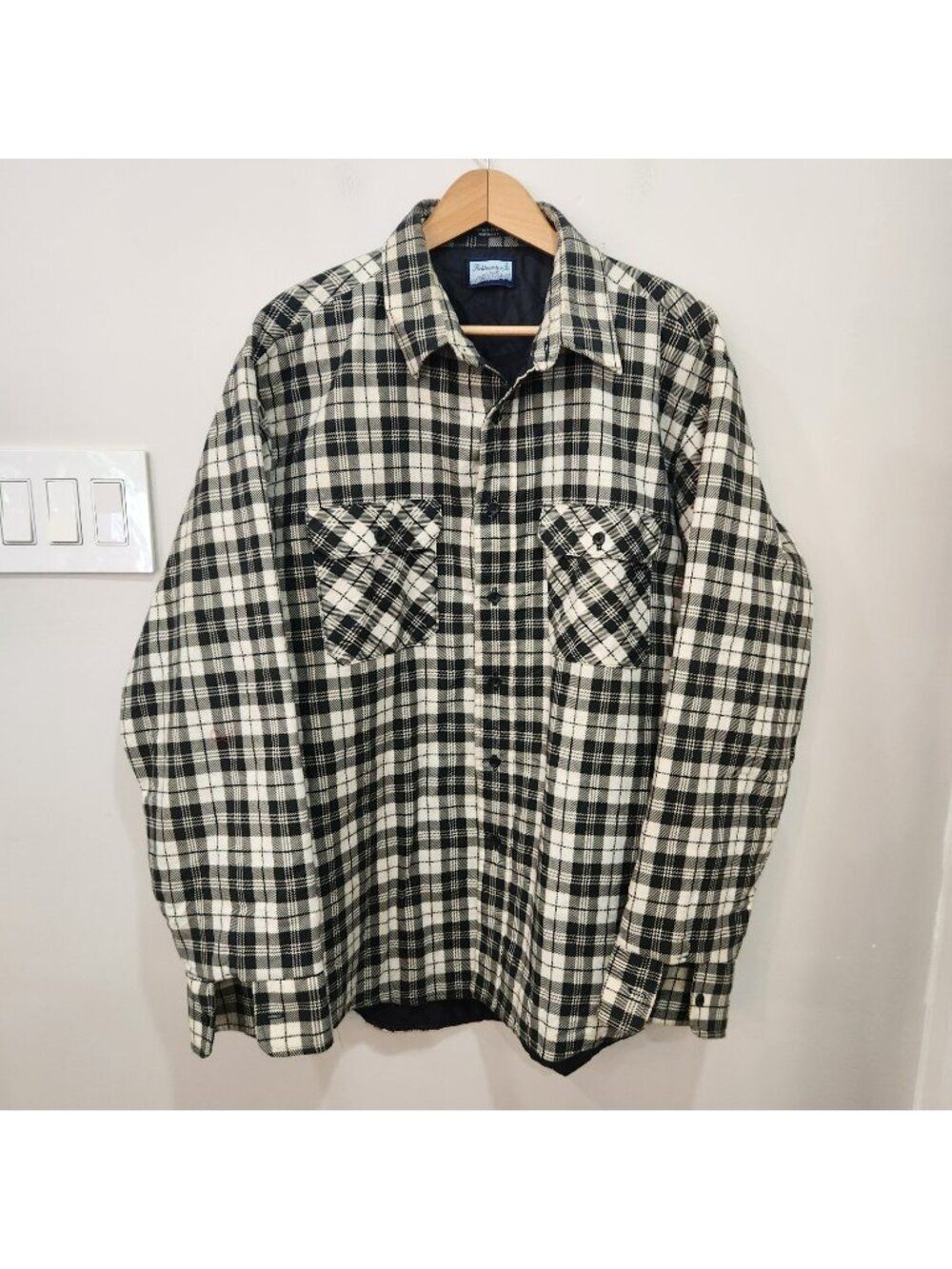 VTG Sears Fieldmaster Perma-Prest Flannel Shirt Gray White Plaid Men's XXL